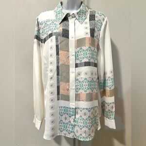 $495 CARLISLE Collection GALERIE Stretch Silk Buttoned Floral Patterned Blouse